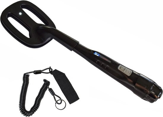 Black metal detector with coiled cable and keychain on a white background