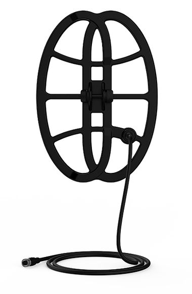 Black metal detector coil on a white background