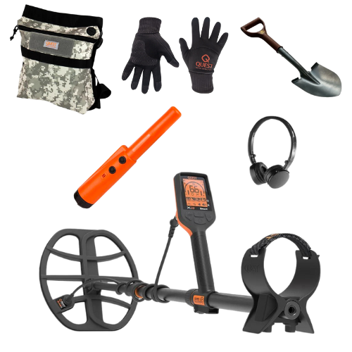 Collection of metal detector accessories including a shovel, gloves, headphones, and a bag on a white background.