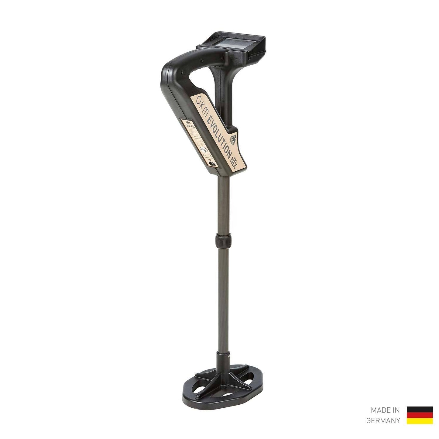 Metal detector with a stand on a white background, featuring the brand 'OKM'.