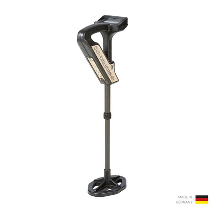 Metal detector with a stand on a white background, featuring the brand 'OKM'.