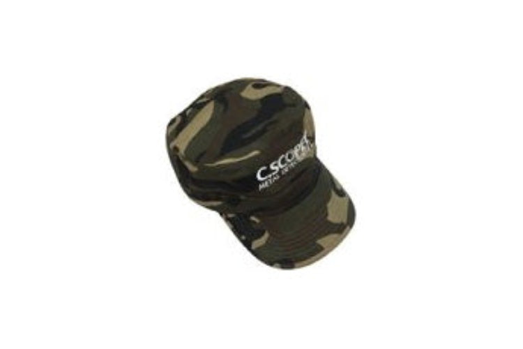 Camouflage baseball cap with a brand logo on a white background