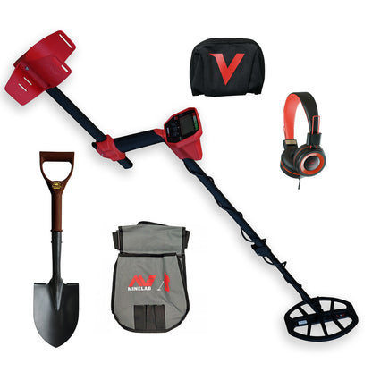 Minelab Metal detector set with accessories including a shovel, headphones, and bags on a white background.